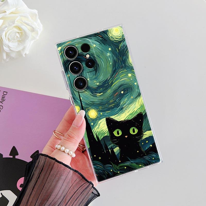 Retro Oil Painting Starry Sky Cat Clear Case For Samsung Galaxy S26 S25 S24 S23 Ultra S20 S21 FE S22 Plus S26 Ultra Phone Cover