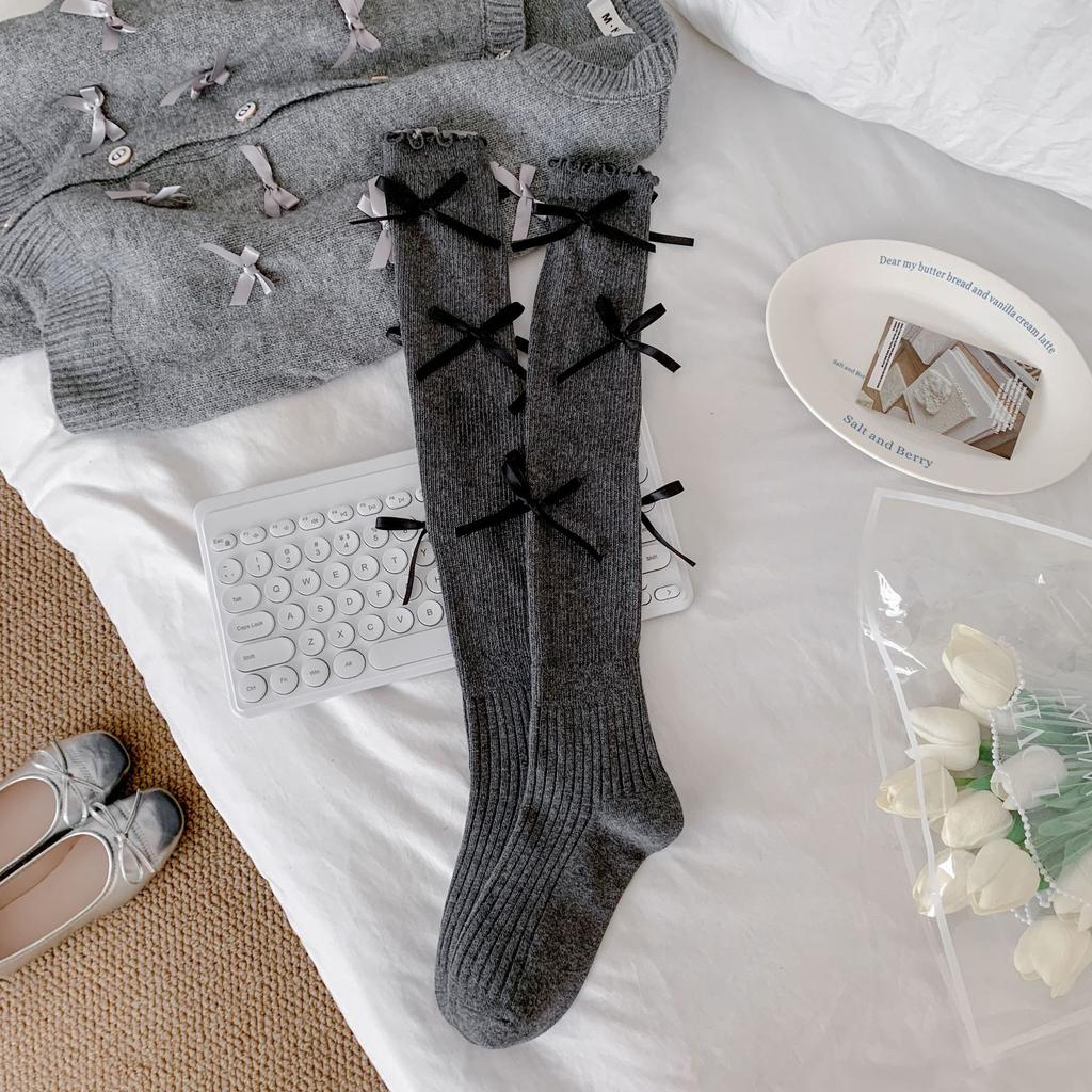 In The Early Autumn Of 2025, New Products, Fungus Edge Calf Socks, Bow Splicing, High Tube Solid Color Jk Knee Socks, Stacking Socks