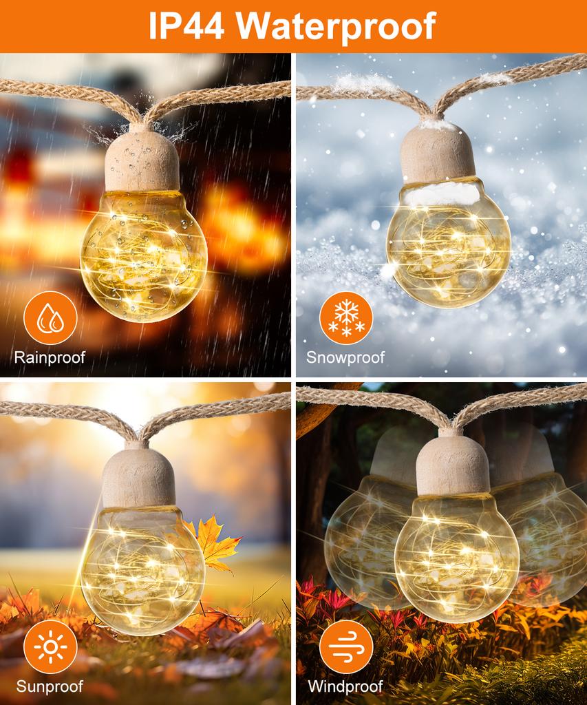 Solar Outdoor String Lights, 9.5m 20bulbs Rope Hemp Solar Patio Lights, Waterproof Warm White Solar Powered String Lights With 8