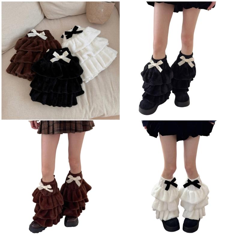 Women Plush Tiered Ruffle Leg Warmers with Bowknot Fuzzy Winter Boot Cuffs Thick Warm Furry Foot Covers Footless Socks