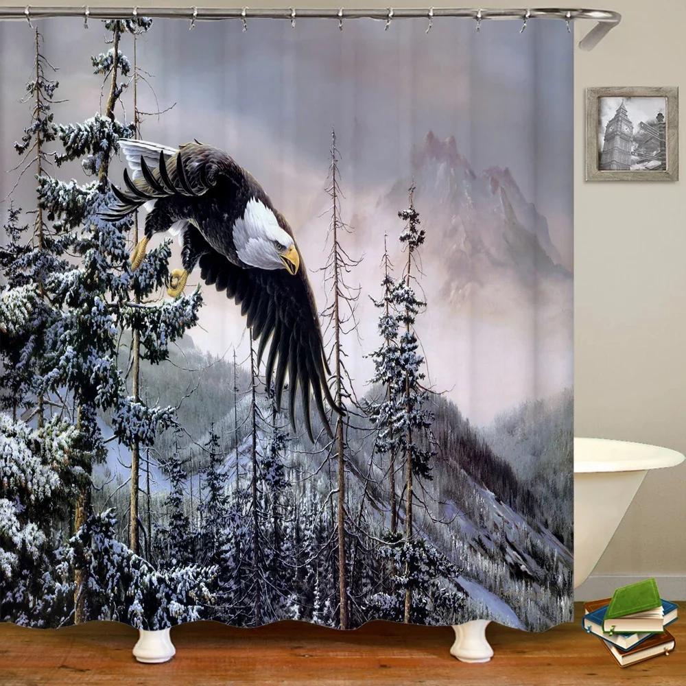 Deer Bathroom Shower Curtain Elk Highland Cow Peacock Forest Mountain Animal Polyester Hanging Curtains Home Bathroom Decor Set