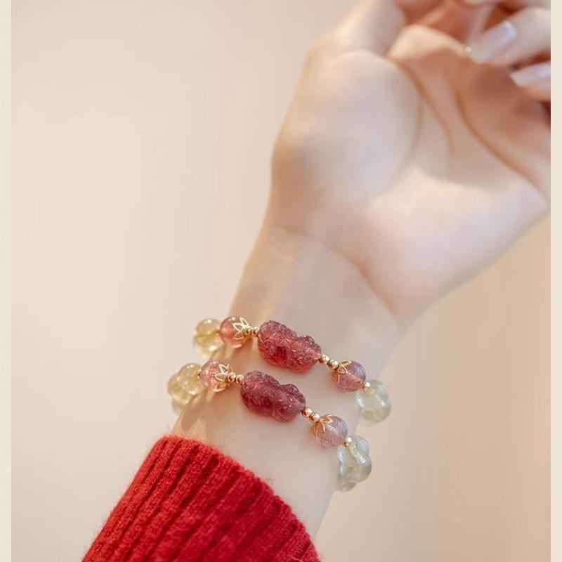 Pink Strawberry Crystal Yellow Crystal Bracelet, Strawberry Crystal Fox Pendant, Golden Hair Crystal Yellow Crystal Bracelet, Bracelet Set