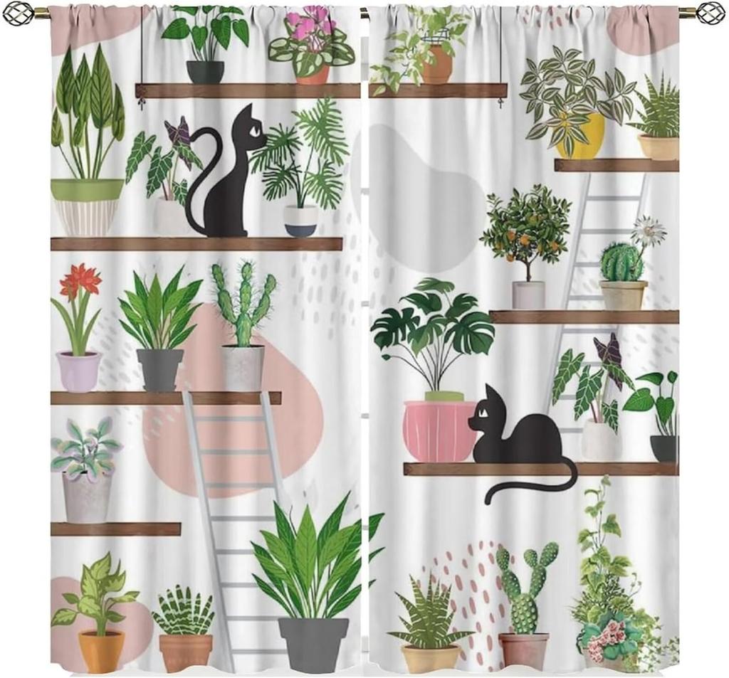 Plants Curtains, Boho Potted Green Leaves Botanical Aesthetic Garden Cartoon Animal Window Drapes for Living Room Kitchen