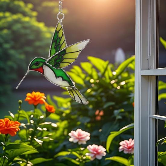 Hummingbird Sun Catcher Stained Glass Hummingbird Suncatcher Colorful Bird Hanging Decoration for Windows Garden Yard Outdoor