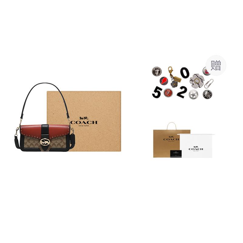 COACH Georgie Cow Leather God Of Wine Bag, Shoulder Bag, Portable Crossbody Bag Large Women's Red & Brown Monogram 5605-IMRL7