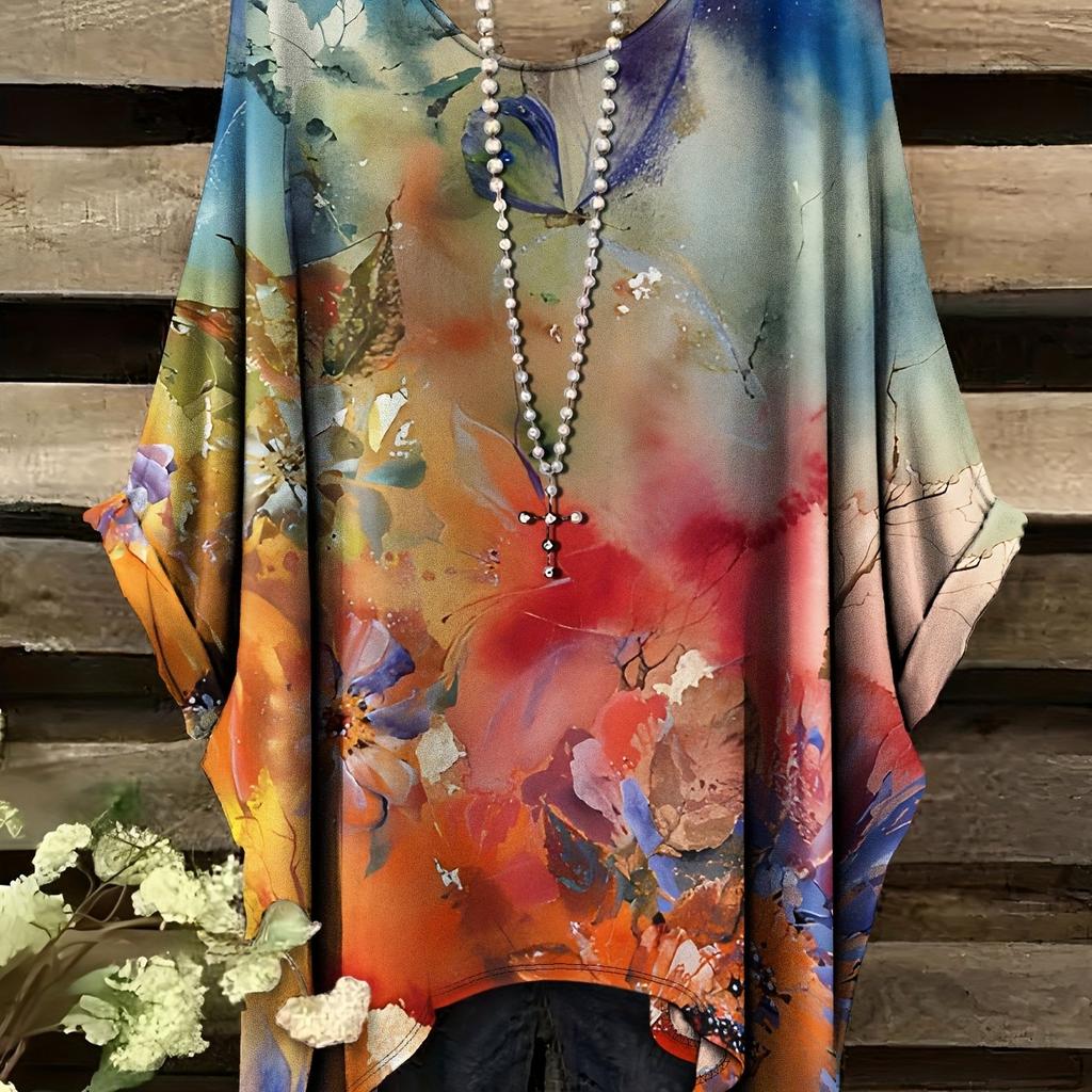 Watercolor Butterfly Pattern Printed Bat Sleeve Round Neck T-Shirt Casual and Comfortable Swallowtail Round Neck Short Sleeve Large Size T-Shirt