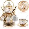 20 Pcs Porcelain Tea Set with Metal Holder and Spoon Adult Ceramic Tea Party Set European Flower Painting Teapot Cup Saucer