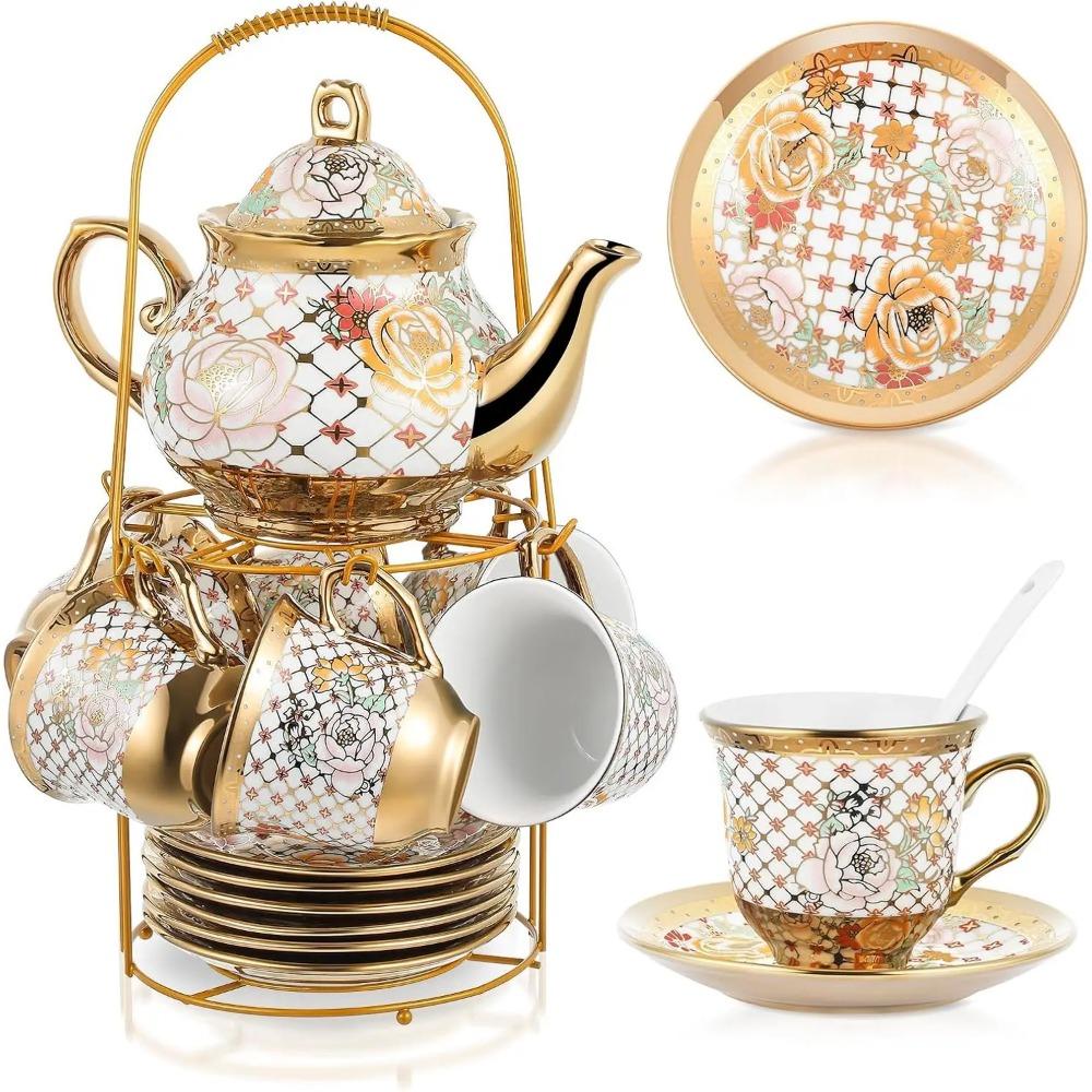 20 Pcs Porcelain Tea Set with Metal Holder and Spoon Adult Ceramic Tea Party Set European Flower Painting Teapot Cup Saucer