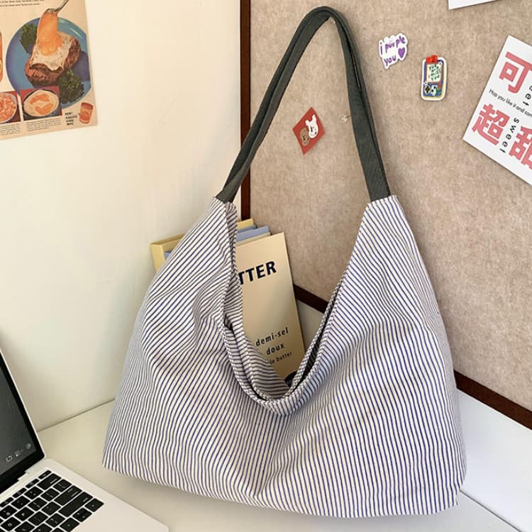 Striped Canvas Large Capacity Tote Bag Women's Shoulder Bag