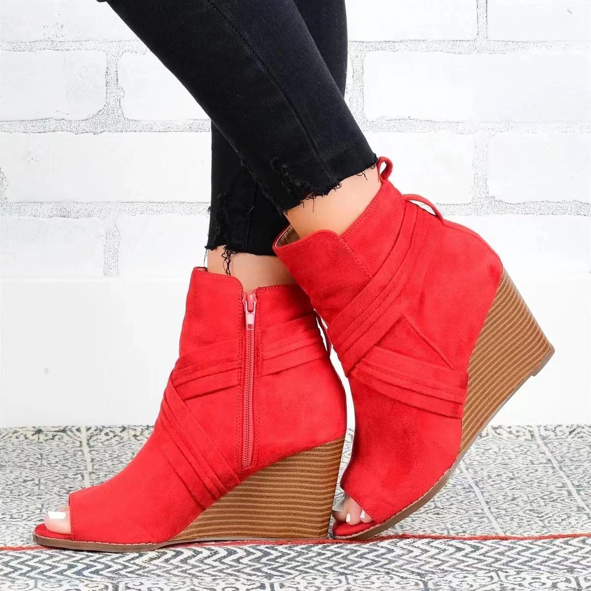 

2024 Новые летние женские сандалии, модные туфли с рыбьим ртом, классические туфли, сексуальные повседневные сандалии на танкетке с молнией, женская модная обувь 43 красный