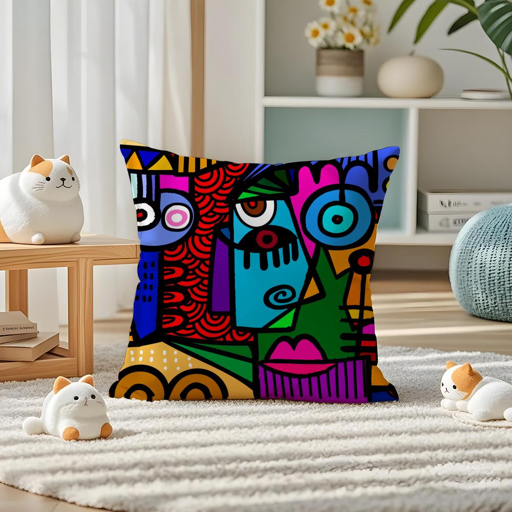Colorful Abstract Faces Pillow Case Silky elegant Comfort Sofa Bed Invisible zipper