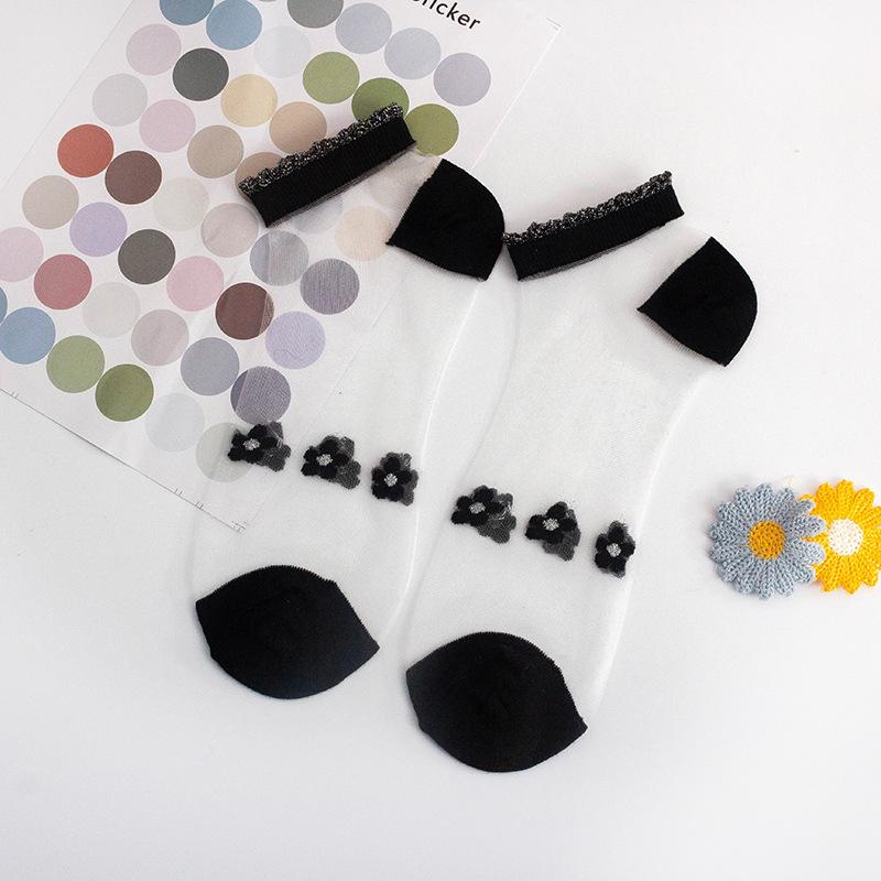10 Pairs of Women's Summer Thin Silver Lace Small Flower Mesh Transparent Shallow Mouth Invisible Boat Socks