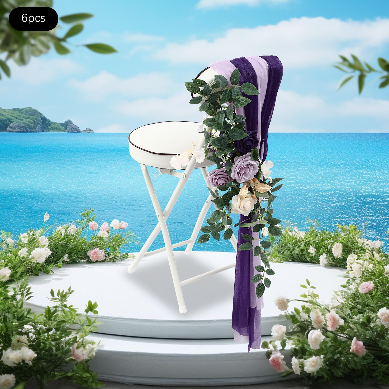 

6 шт. Декор спинки свадебного стула, Фиолетовая лента из тюля и композиция из искусственных цветов, Лента-украшение на спинку стула невесты для церемонии и приема фиолетовый