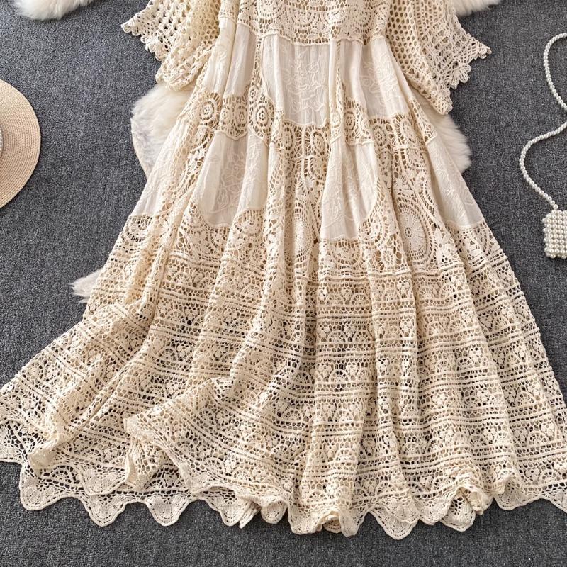 Retro Hook Hollow Out Women Dresses Spring Summer Beach Style Knitted Vestidos Mujer Elegant Loose Long Dress