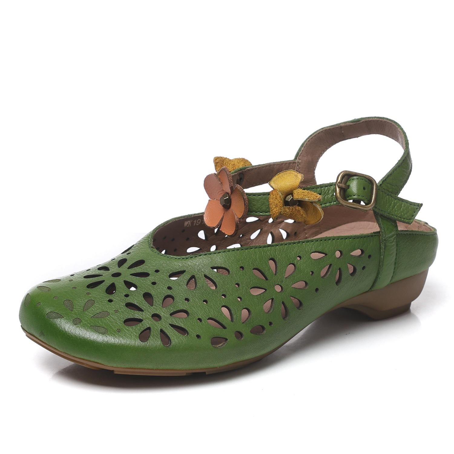 

Johnature Genuine Leather Hollow-out Flower Round Toe Sandals Retro Low Heel Soft Soled Women s Shoes 40 зелений