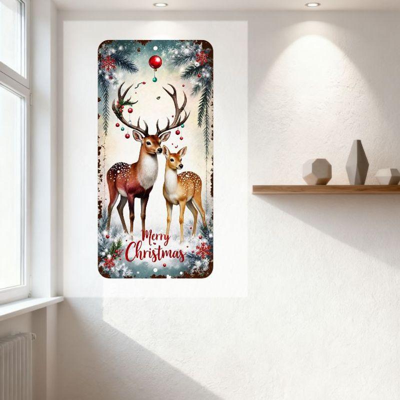 Vintage Rustic Christmas Metal Tin Sign, Two Deer Stag Doe in Snowy Festive Scene with Baubles, Merry Christmas Text, Distressed
