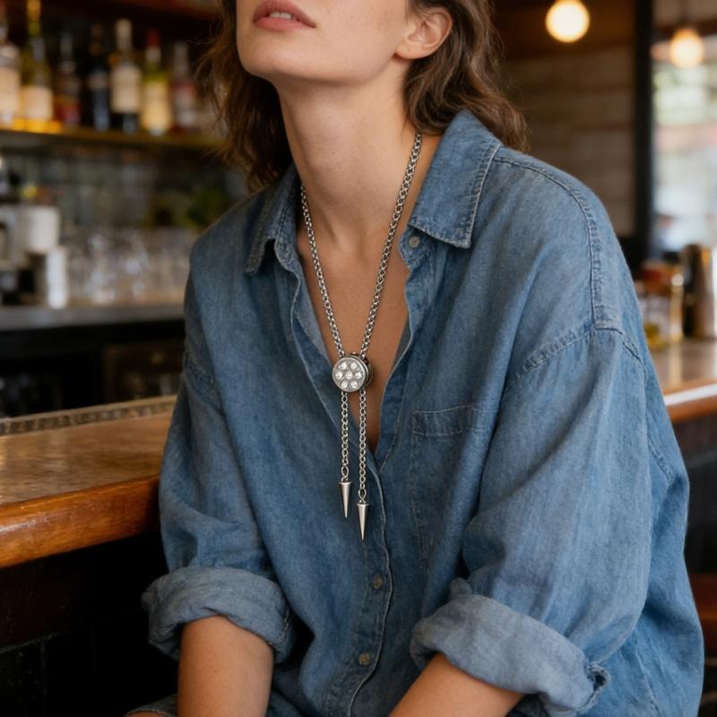 Elegant Round Shaped Neckwear Rhinestones Accented Unisex Stainless Steel Necklace Slidable for Gifting and Daily Use