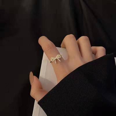 Gold-Plated Micro-Inlaid Bow Open Ring for Women - Niche Design, Elegant and Gentle Style, Light Luxury Gift Box Included
