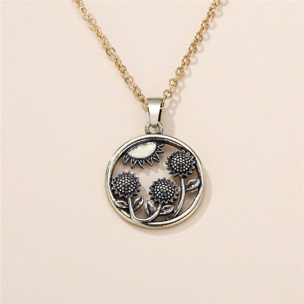 Female Round Stone Sunflower Pendant Necklace Vintage Gold Color Wedding Jewelry For Women