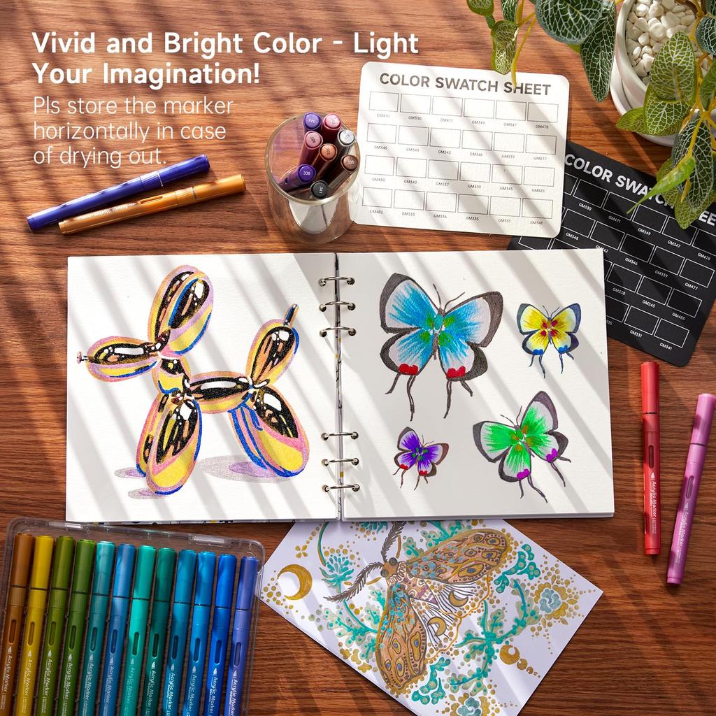 Shuttle Art Acrylic Metallic Color Pens with Brush Paint and Perfect for and Includes Storage Perfect for DIY and Art A Great Markers, 24-Color Set,