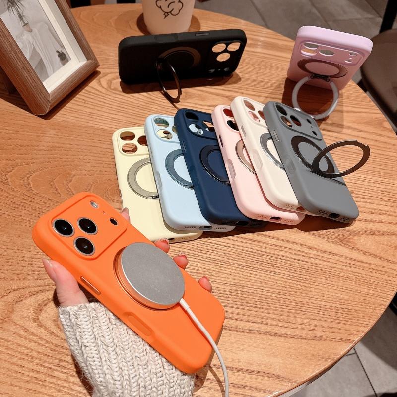 Liquid Silicone Jelly Case For Iphone 17 16 15 14 Pro Max Magnetic Baby Skin Touch Anti-Fingerprint 360° Rotation Stand Cover