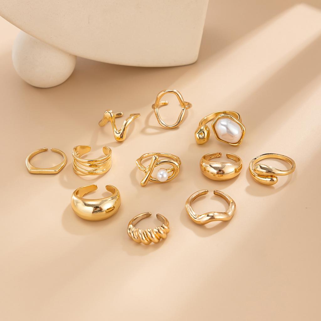 11Pcs/Set Fashion Gold Color Pearl Geometric Open Rings for Women Exaggerated Metal Irregular Adjustable Ring Set Jewelry Gifts