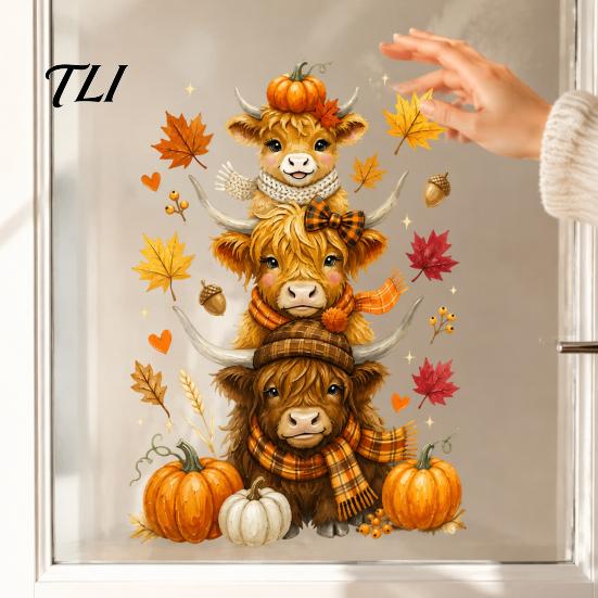 Autumn Theme Room Decor Highland Cow Window Clings, Cute Pumpkin Maple Leaves Static Party Supplies Stickers, Waterproof PVC Decals for