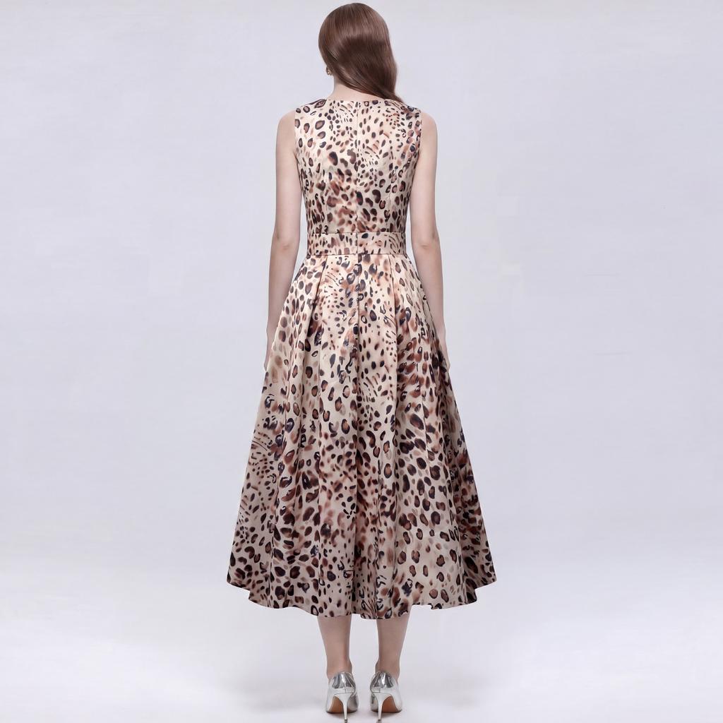 Elegant Sleeveless Leopard Print Summer Dress Women's Round Neck Three-Dimensional Cutting Drapped Slim Party Dresses Robes