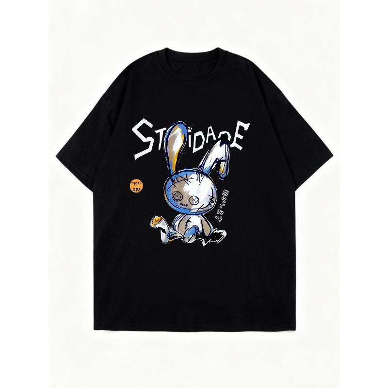 Nadměrné tričko černé s grafickým potiskem hloupého králíka, ležérní streetwearový módní top pro ženy a muže, unisex volný střih pro každodenní nošení, párty outfit
