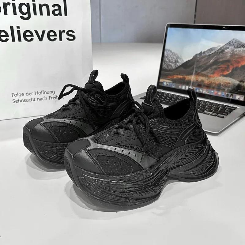 Fashion 8cm Air Mesh Microfiber Leather Autumn Platform Vulcanize Women Chunky Sneaker Vulcanize Spring High Brand Comfort Shoes