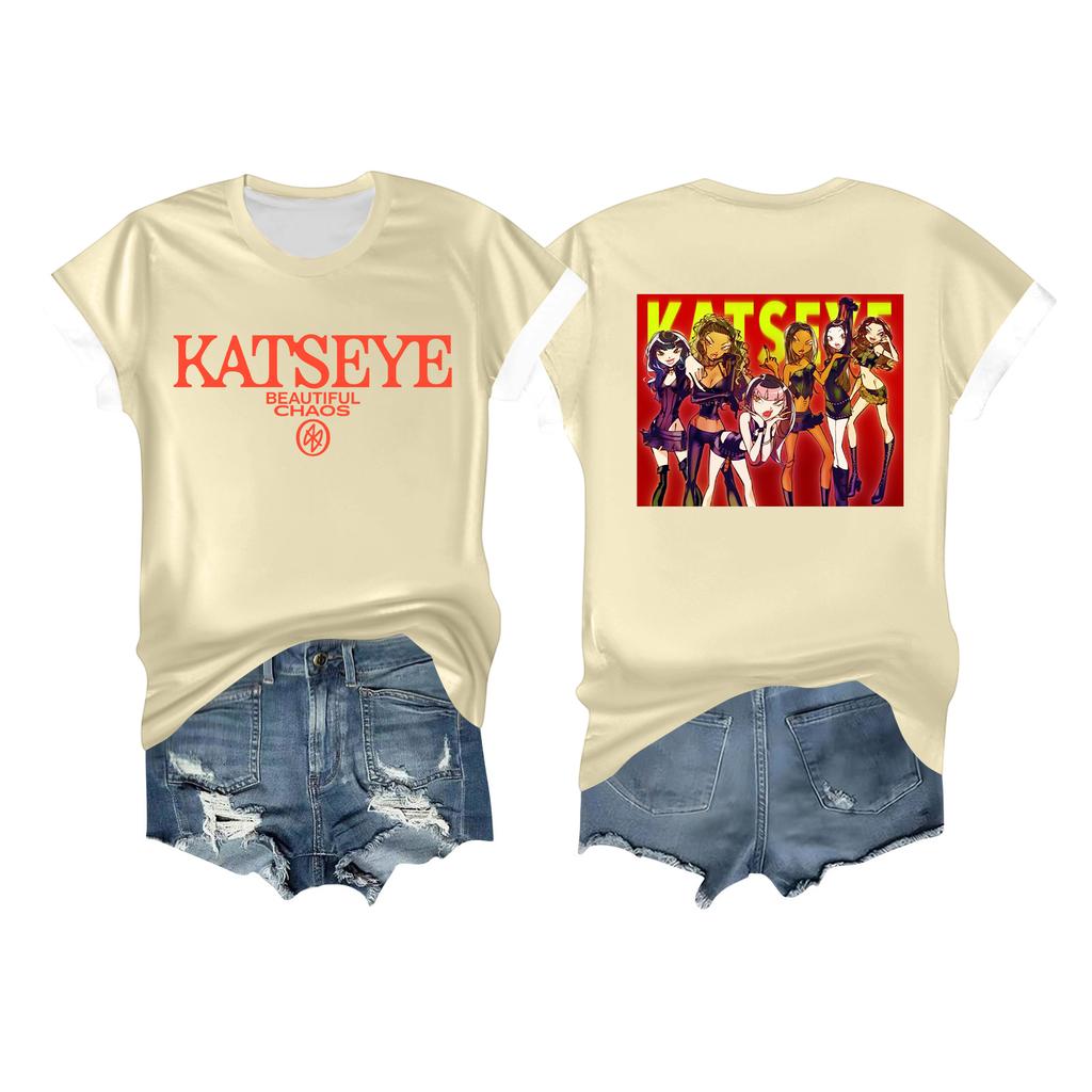 Kvinners avslappet trykket t-skjorte rund hals genser kort ermet topp