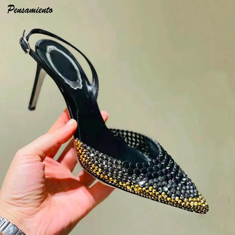 Fashion Star style Gradient Rhinestones Pointed toe Stiletto High heels Women Sandals Fashion Spring Summer Slingbacks Party Prom Shoes