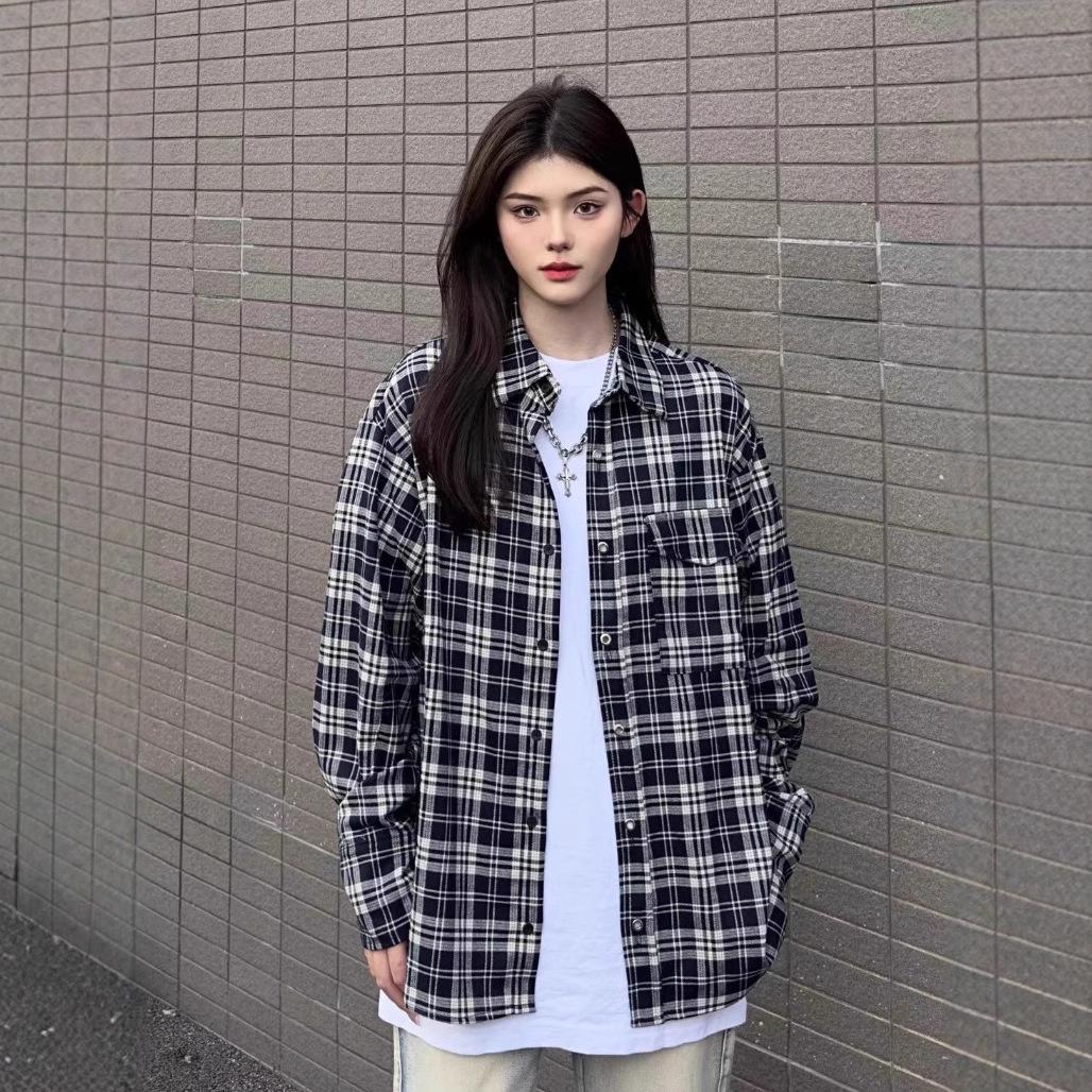 

Unisex Retro Checkered Long Sleeve Shirt - Black & White Versatile Trendy Jacket Large чорний