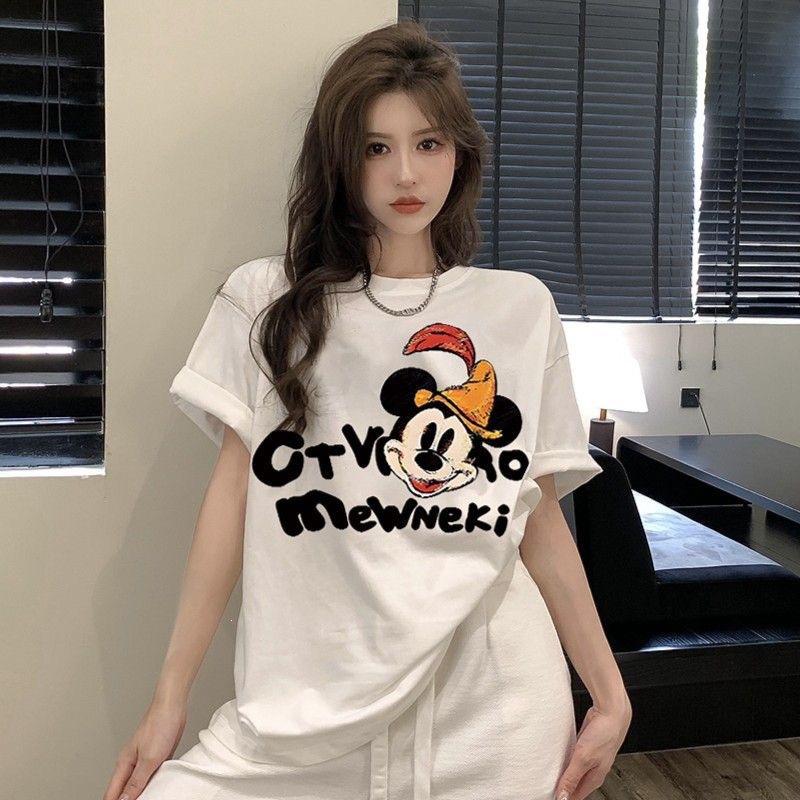 Fat mm extra large size catty Korean version casual t-shirt short-sleeved summer Mickey print half-sleeved versatile pure cotton top women m (recommended 40-52.5kg ) белый