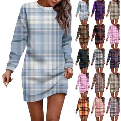 Damen Rundhals Plaid Patchwork Bedrucktes Langarm Hüftkleid Sweatshirt Kleider
