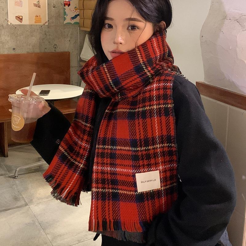 Retro red plaid scarf women's winter atmosphere versatile high school style new shawl