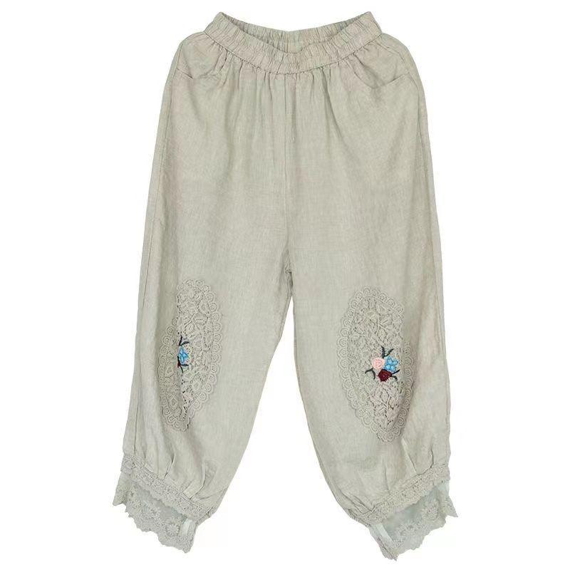 Damskie spodnie na co dzień z bawełny i lnu w stylu vintage, luźne dziewięciopunktowe haftowane koronkowe spodnie haremowe