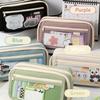Flip Cover Pencil Bag Pen Case Transparent Front Multi Pocket Oxford Fabric Storage Pouch for Stationery