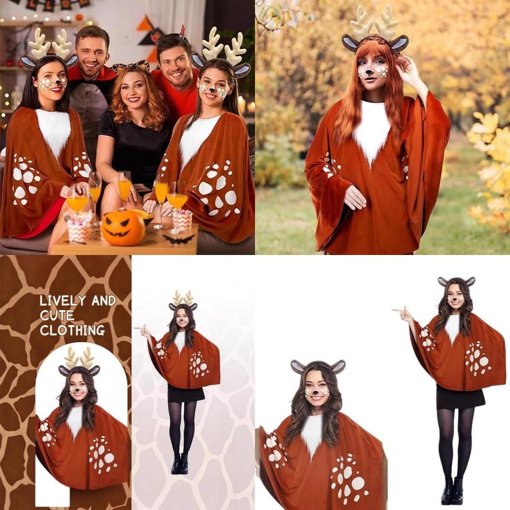 Weihnachts-Cosplay Rentierumhang mit Gesichtssticker und Stirnband für Feiertagspartys