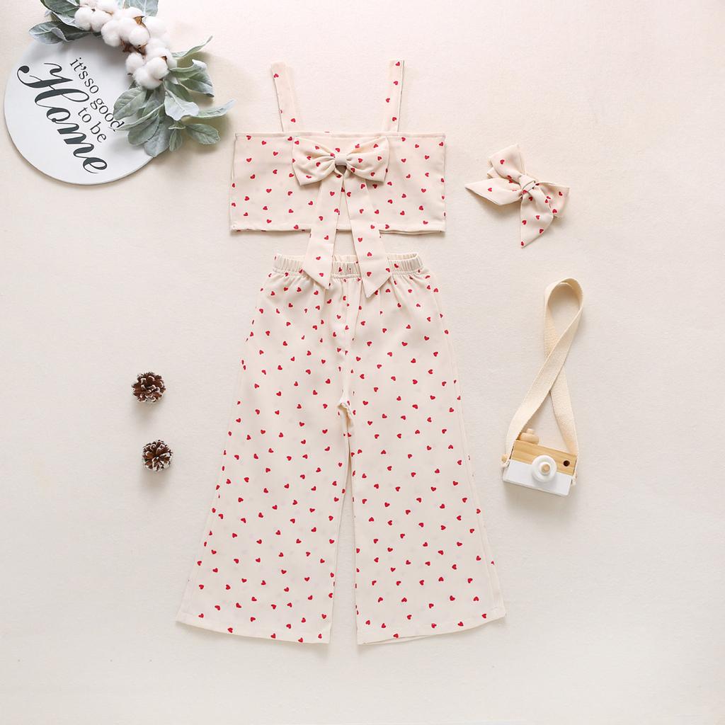 Toddler Kids Baby Girls Love Print Bow Suspender Vest Pants Outfits Set