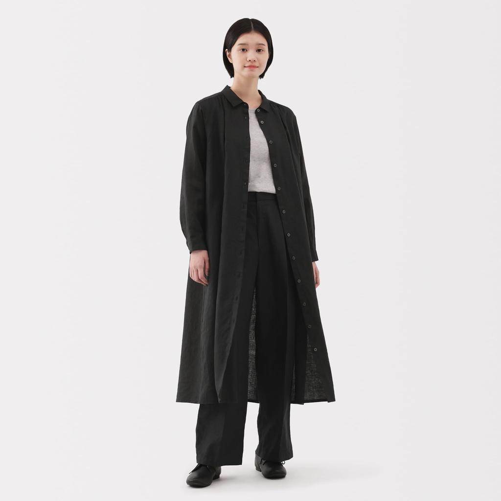 MUJI Women's Linen Washed Long Sleeve Shirt Dress, Black, Size Small, BC2LDA5S