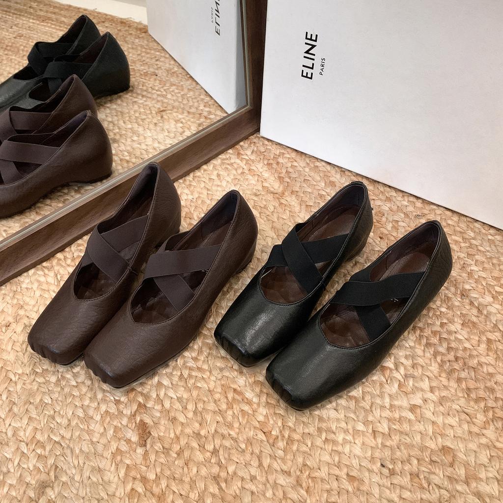 Skórzane retro kwadratowy nosek świński nosek buty na pojedynczej podeszwie damskie miękka skóra płytki dekolt płaska podeszwa krzyż z butami Mary Jane