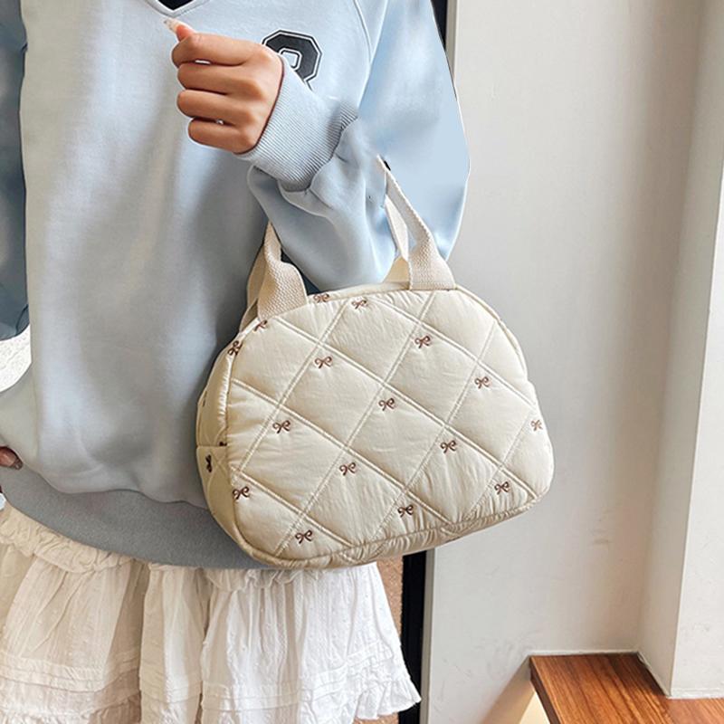 Stitching Embroidery Butterfly Knot Handbag Simple Style Soft Cotton Commuter Lunch Box Bag Student Handheld Bag Pouch