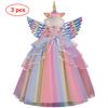 Girl's Long Unicorn Rainbow Wedding Party Dress Girl's Birthday Party Unicorn Character Dance Performance Dress Three Piece Set