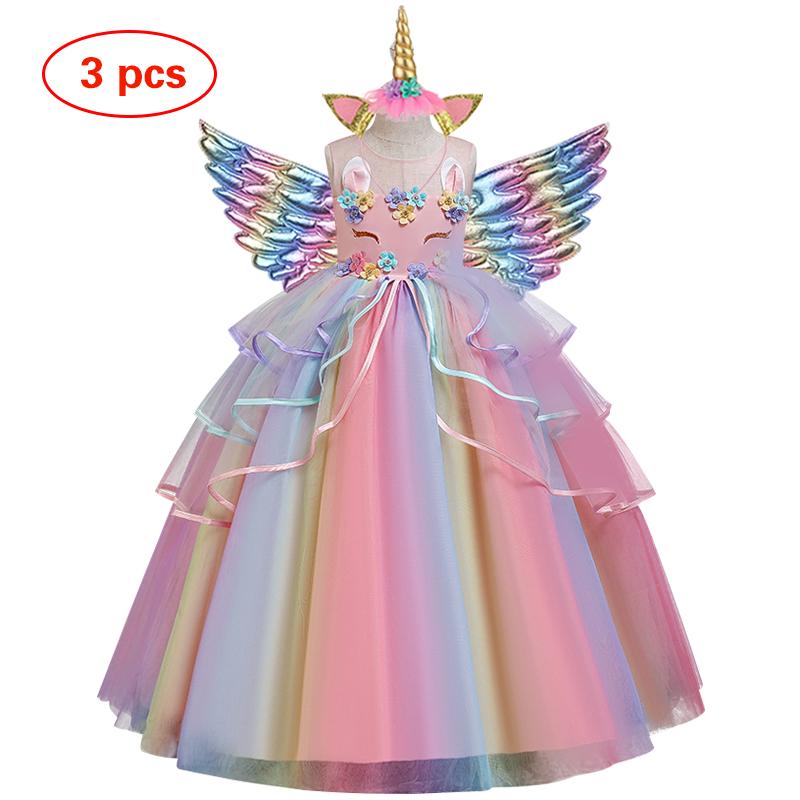 Girl's Long Unicorn Rainbow Wedding Party Dress Girl's Birthday Party Unicorn Character Dance Performance Dress Three Piece Set