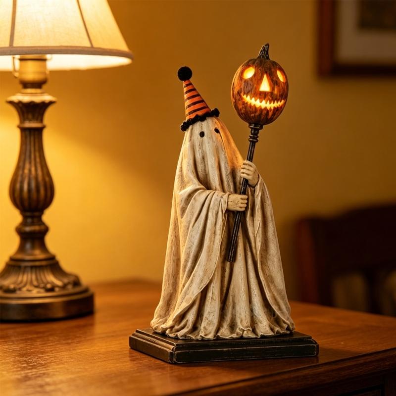 Halloween-Dekorationen Geisterhafte Statue Saisonale Herbstfigurine mit Warmem Lichtakzent für Regal, Eingangstisch und Innenraum-Styling und Präsentationsbereich