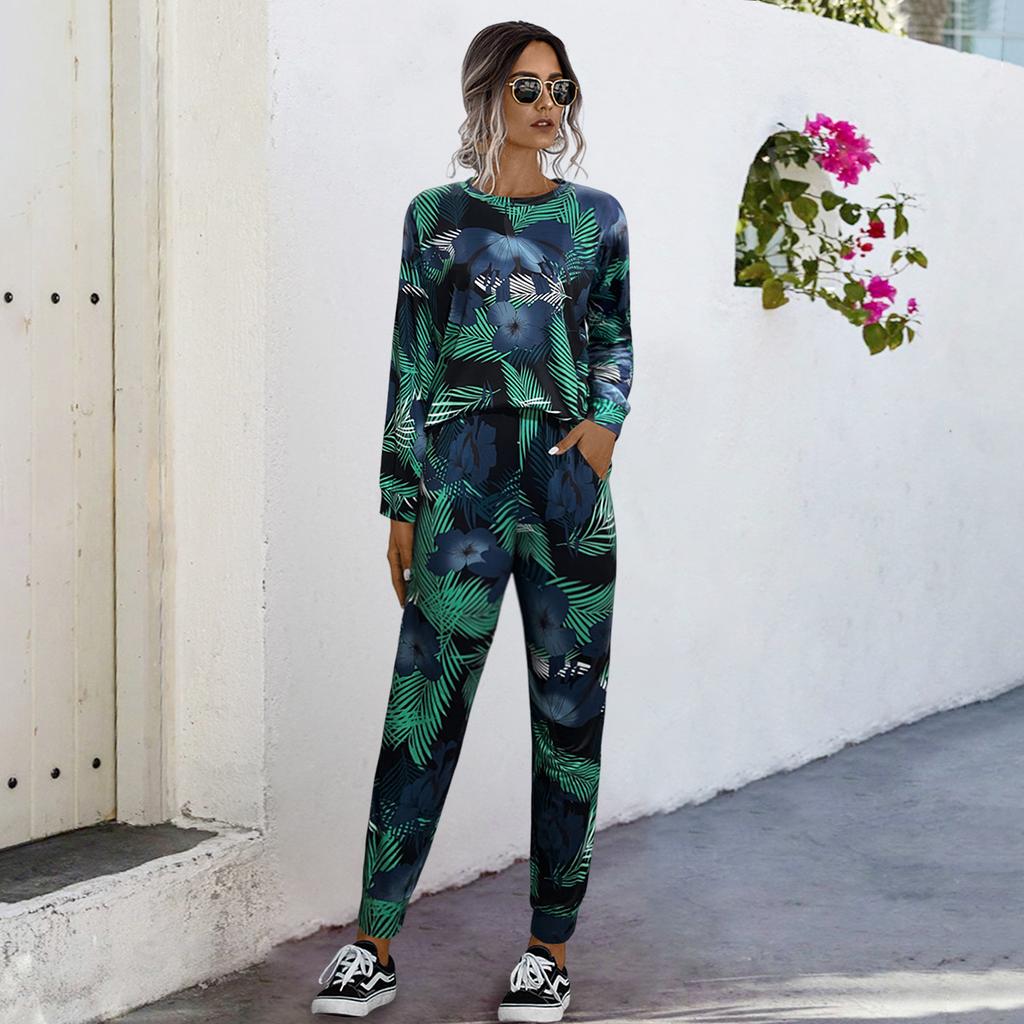 Autumn Ebay Hot Sale Printed Crew Neck Fashion Casual Suit Multi-color Spot Women's Clothing