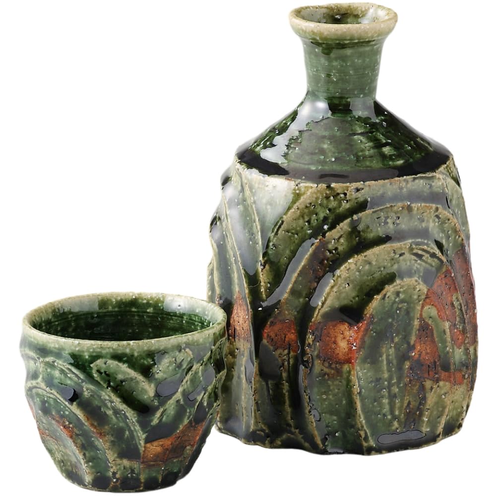

Sake Tokkuri and Guinomi x Oribe Ugly Suitable for Hot and Cold Mino Made in Japan Ale-net Set, (Sake Bottle) Set, 8.4 H13.9cm, 410cc, Design, Sake, зелёный