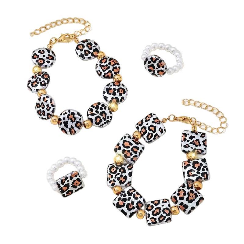 Boho Geometric Leopard Bracelet & Faux Pearl Ring Set