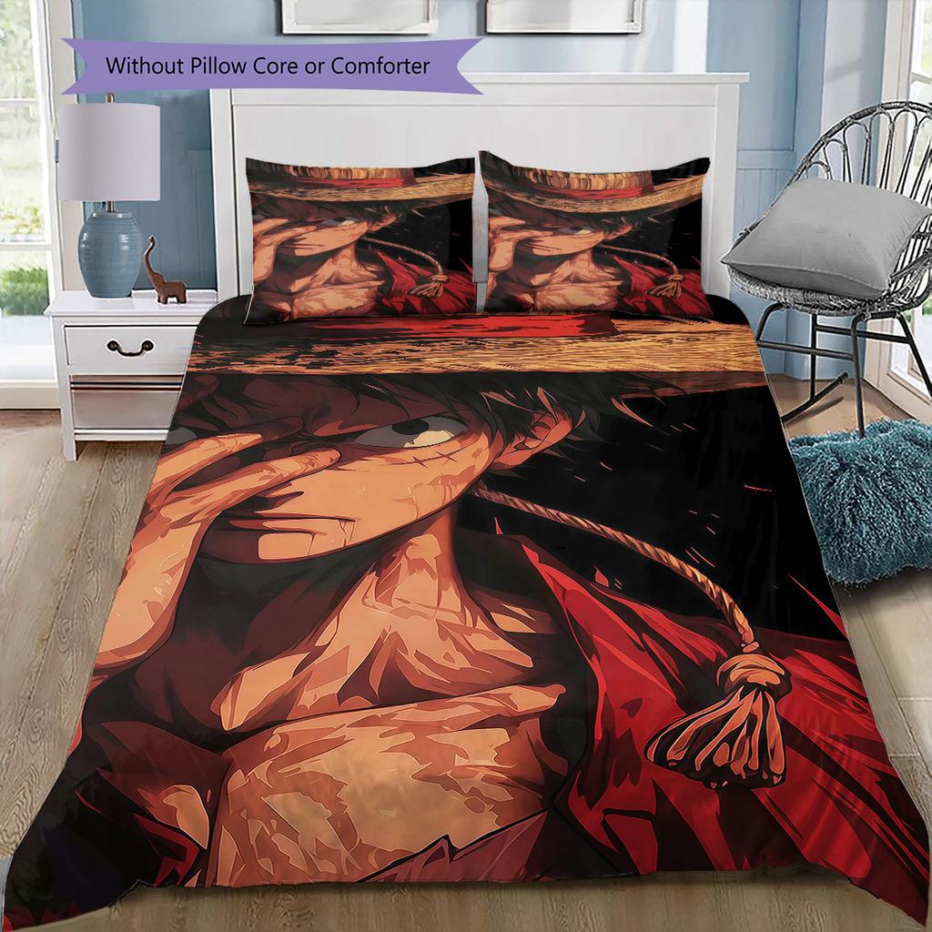 One Piece Monkey D Luffy Pattern Bedding Quilt Set Quilt Cover Pillowcase Home Birthday Gift(1 * Duvet Cover + 2 * Pillowcase, Without Core)